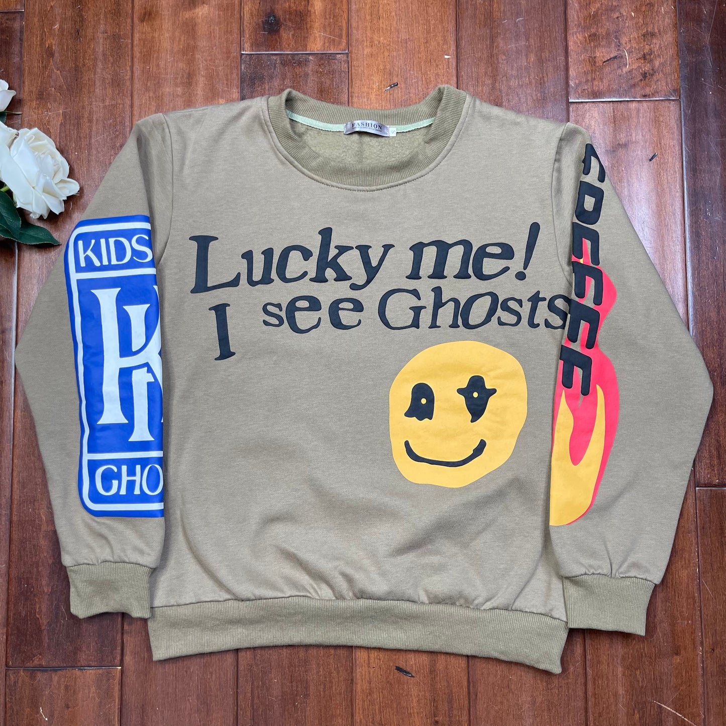 THRIFTED CAMP FLOGNAW “LUCKY ME I SEE GHOST” CREWNECK SWEATER