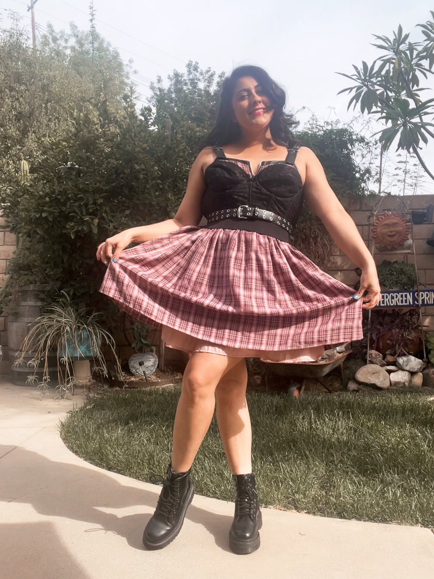 THRIFTED OVERALL BUCKLE PLAID DRESS