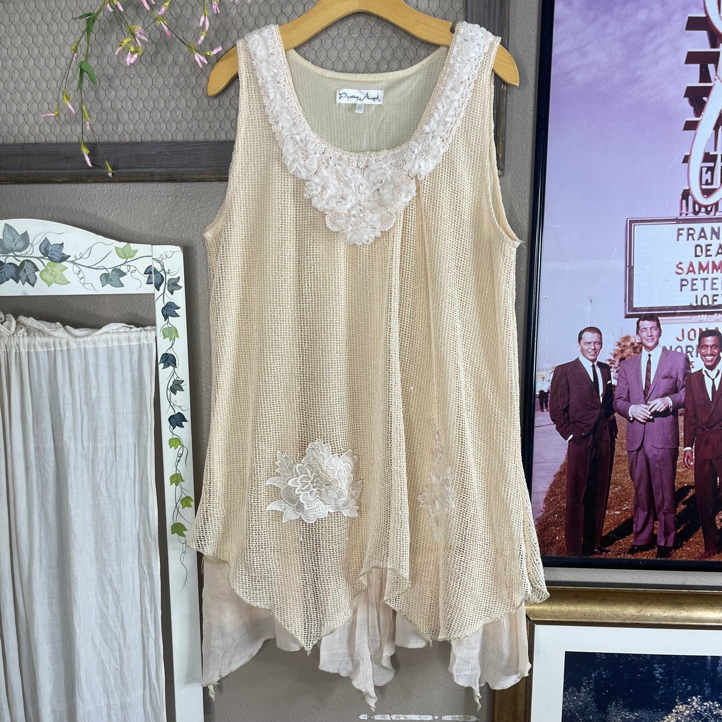 THRIFTED CREAM NET FABRIC SLEEVELESS DRESS