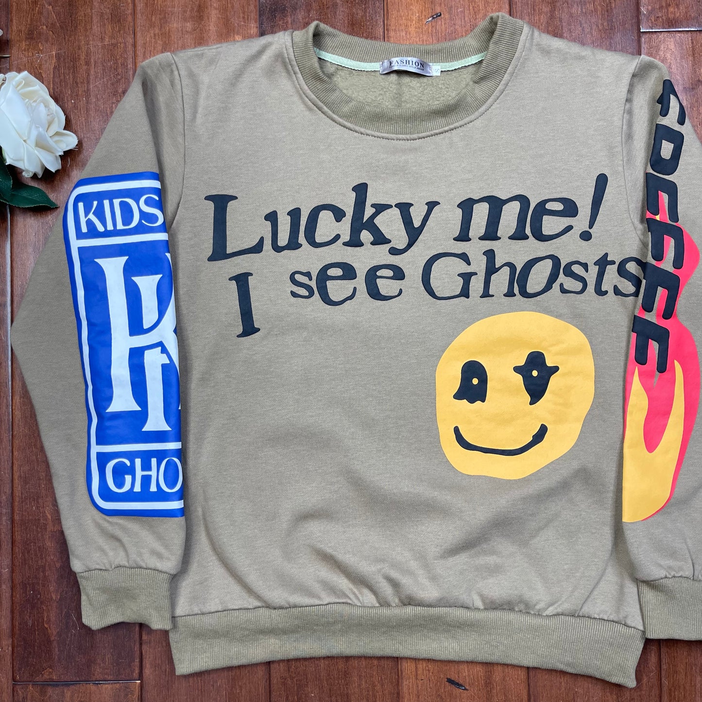 THRIFTED CAMP FLOGNAW “LUCKY ME I SEE GHOST” CREWNECK SWEATER