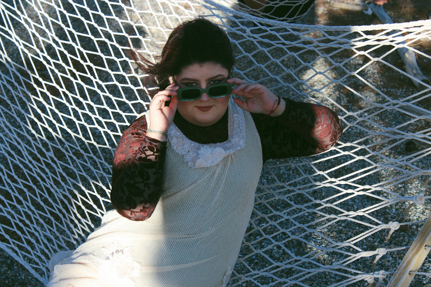 THRIFTED CREAM NET FABRIC SLEEVELESS DRESS