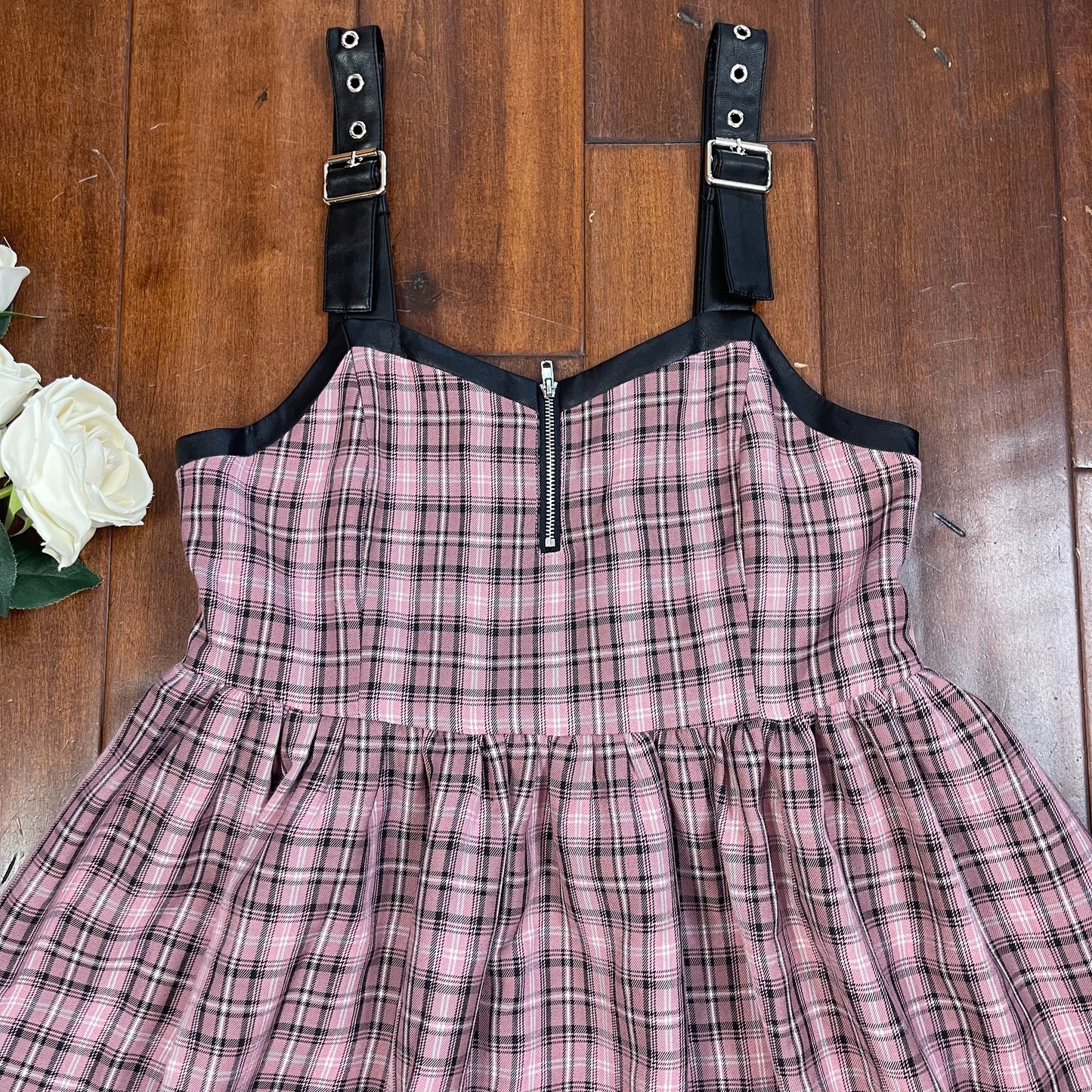 THRIFTED OVERALL BUCKLE PLAID DRESS