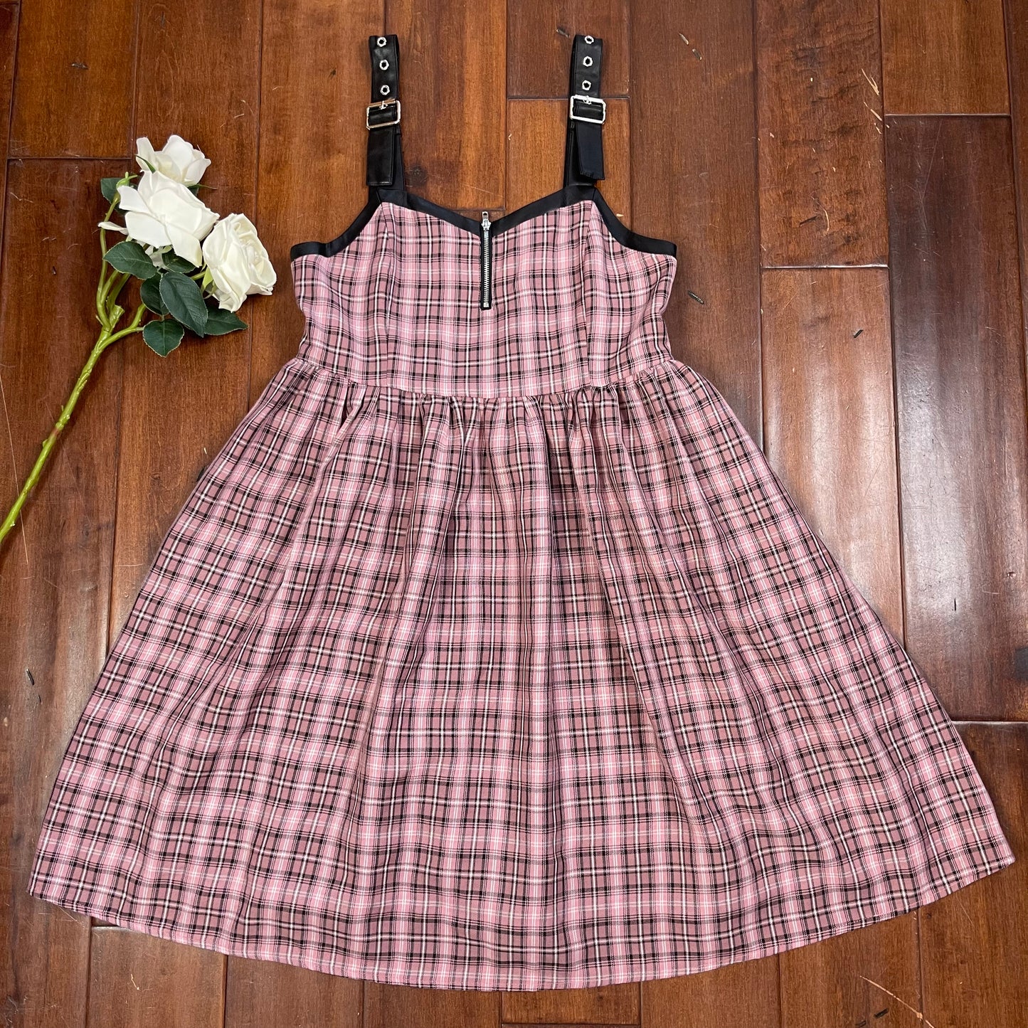 THRIFTED OVERALL BUCKLE PLAID DRESS