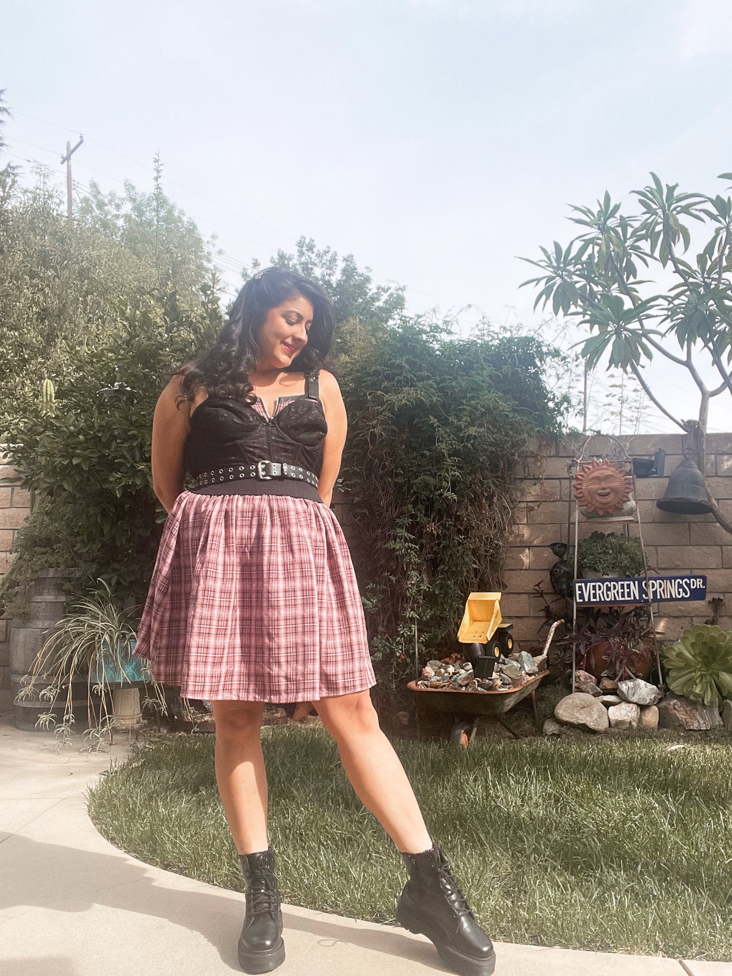 THRIFTED OVERALL BUCKLE PLAID DRESS