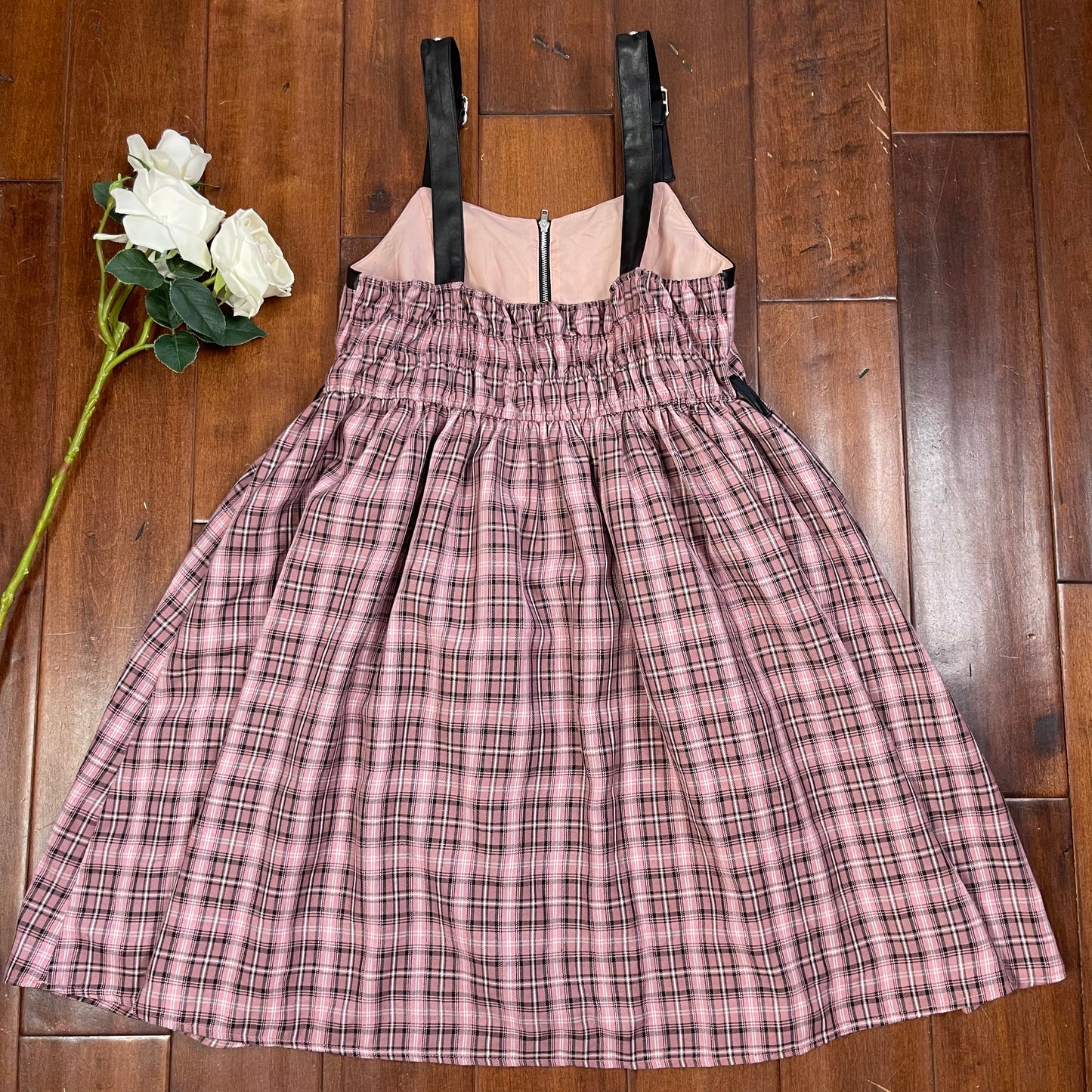 THRIFTED OVERALL BUCKLE PLAID DRESS