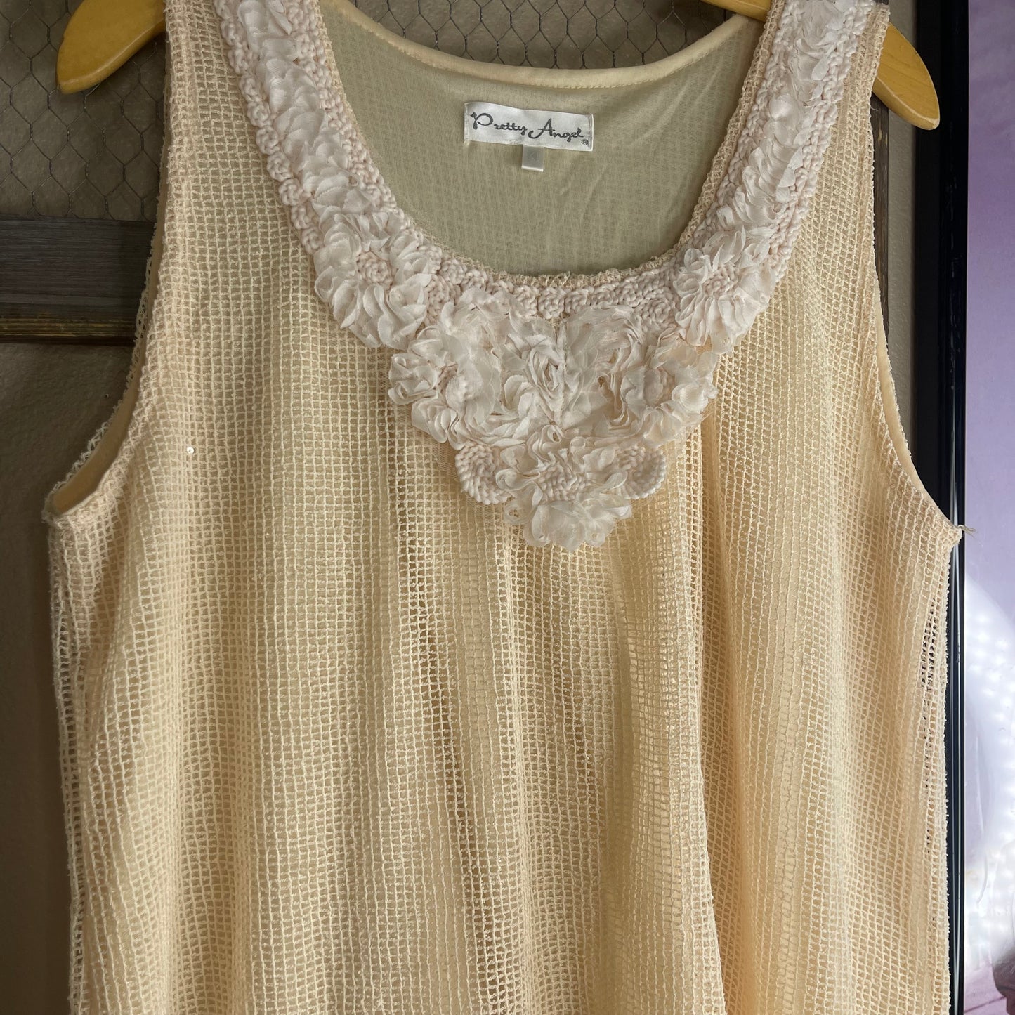 THRIFTED CREAM NET FABRIC SLEEVELESS DRESS