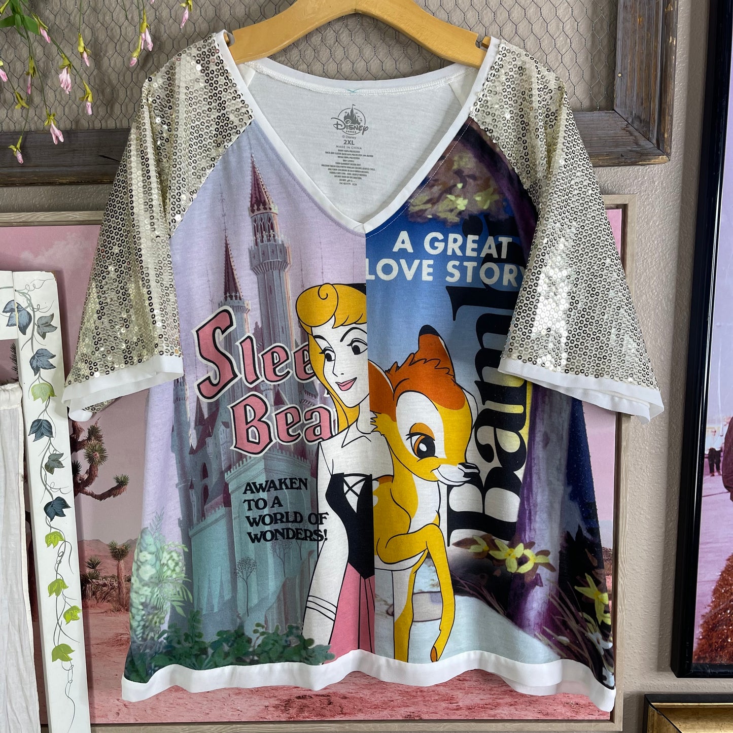Thrifted Disney Parks Sleeping Beauty Aurora & Bambi Gold Sequins Top
