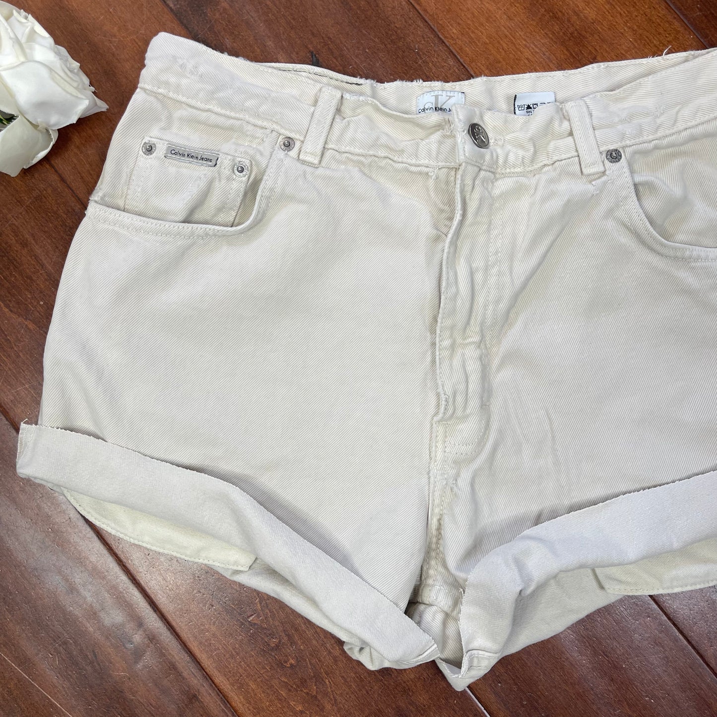 THRIFTED CALVIN KLEIN BEIGE CUT-UP JEAN SHORTS