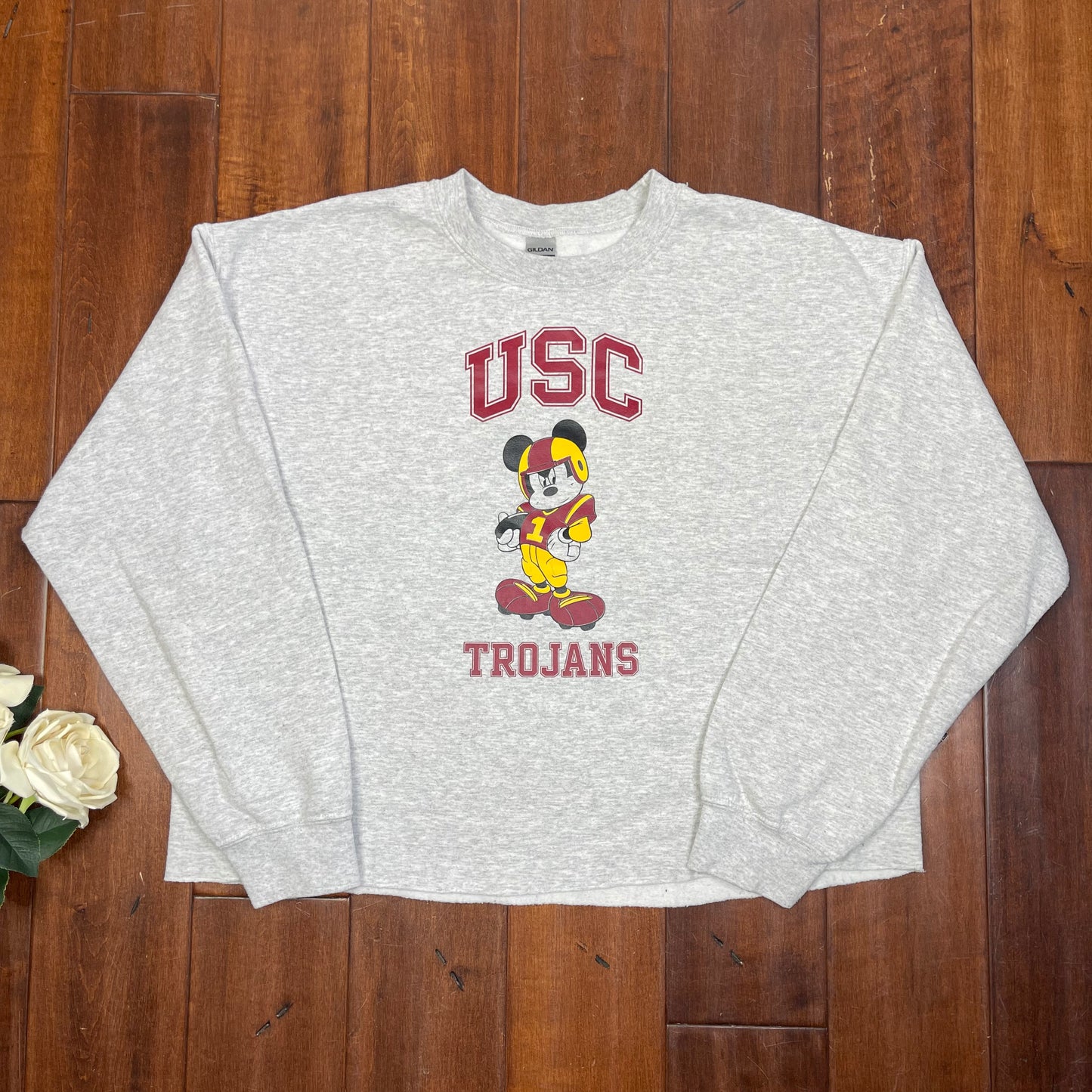 THRIFTED MICKEY USC TROJANS CROPPED CREWNECK