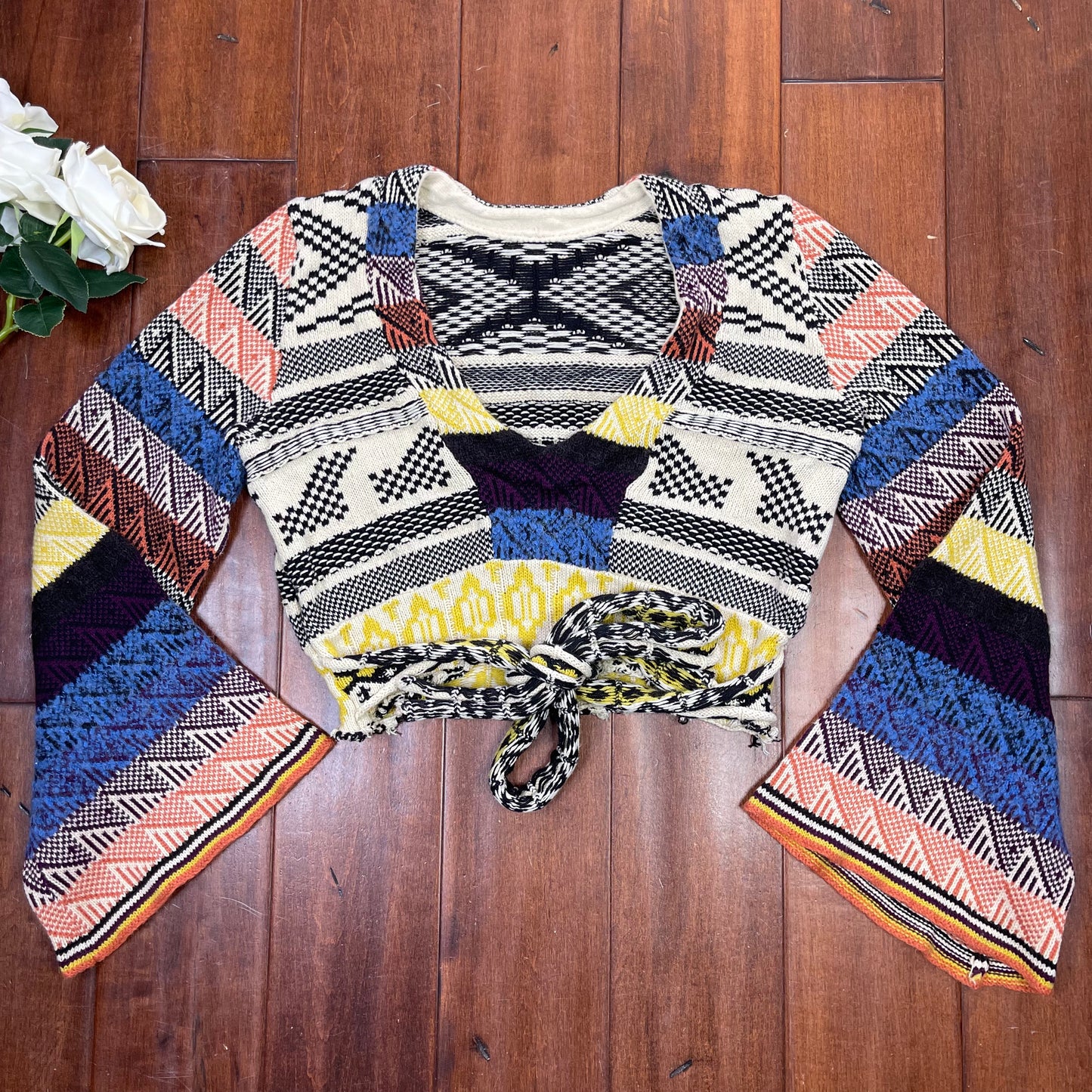 THRIFTED FREE PEOPLE PATCHWORK BELL SLEEVE SWEATER