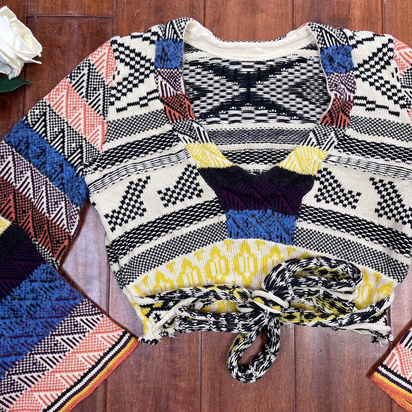 THRIFTED FREE PEOPLE PATCHWORK BELL SLEEVE SWEATER