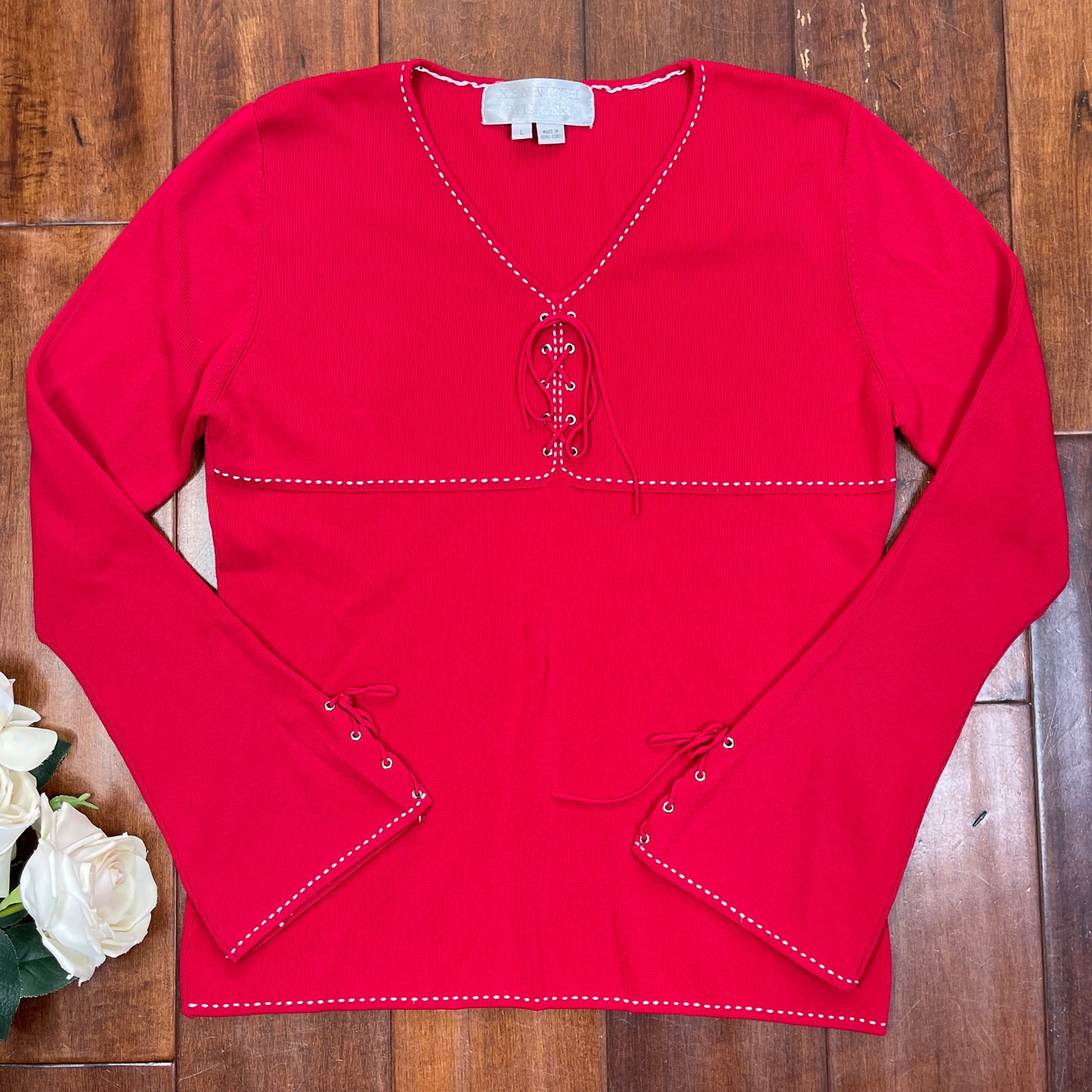 VINTAGE LACE UP BELL SLEEVE BLOUSE