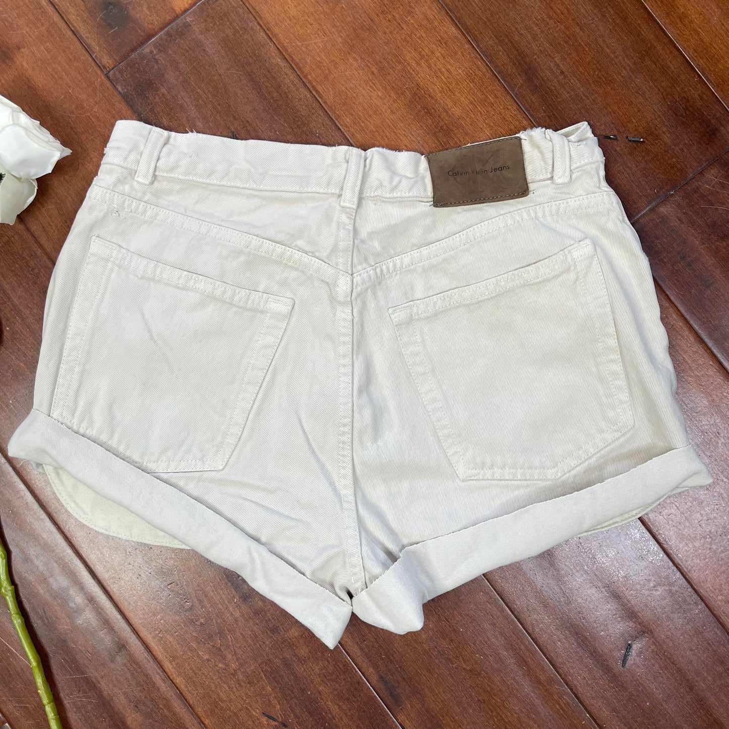 THRIFTED CALVIN KLEIN BEIGE CUT-UP JEAN SHORTS