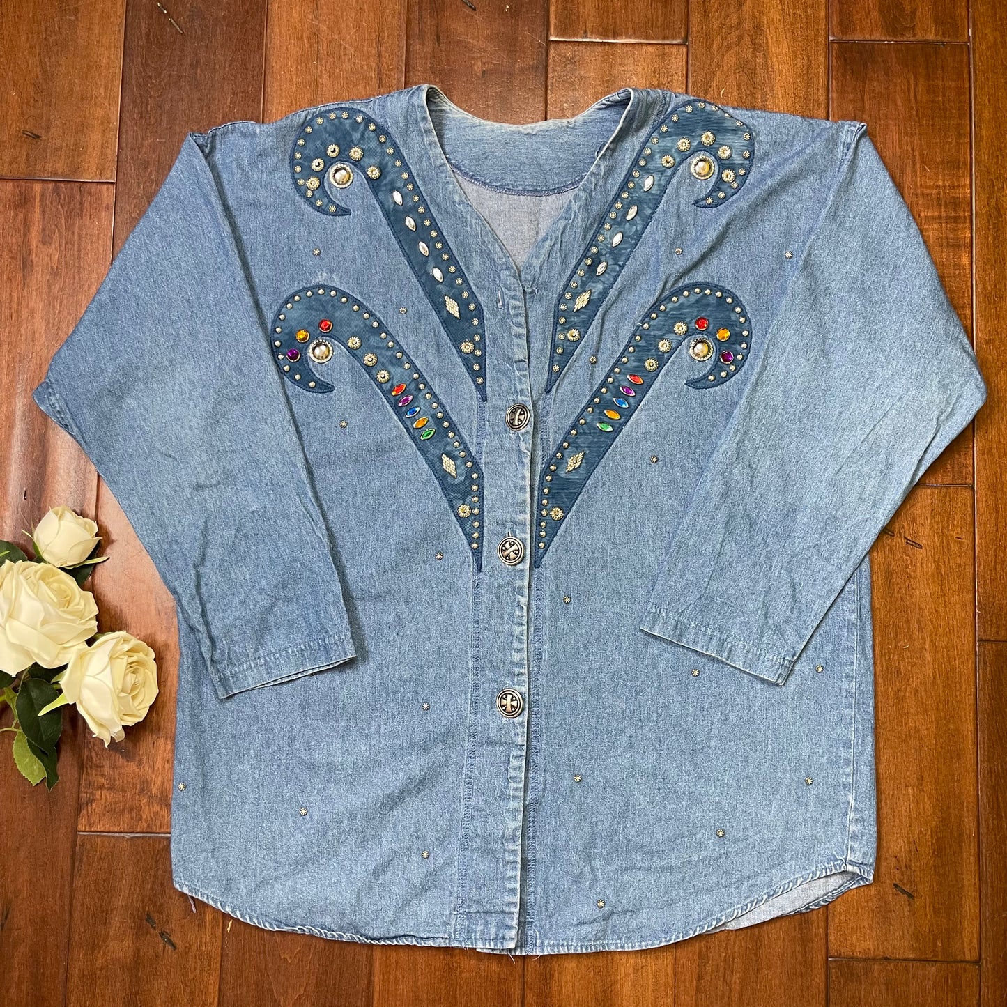 VINTAGE 80’S DENIM RHINESTONE BUTTON-UP