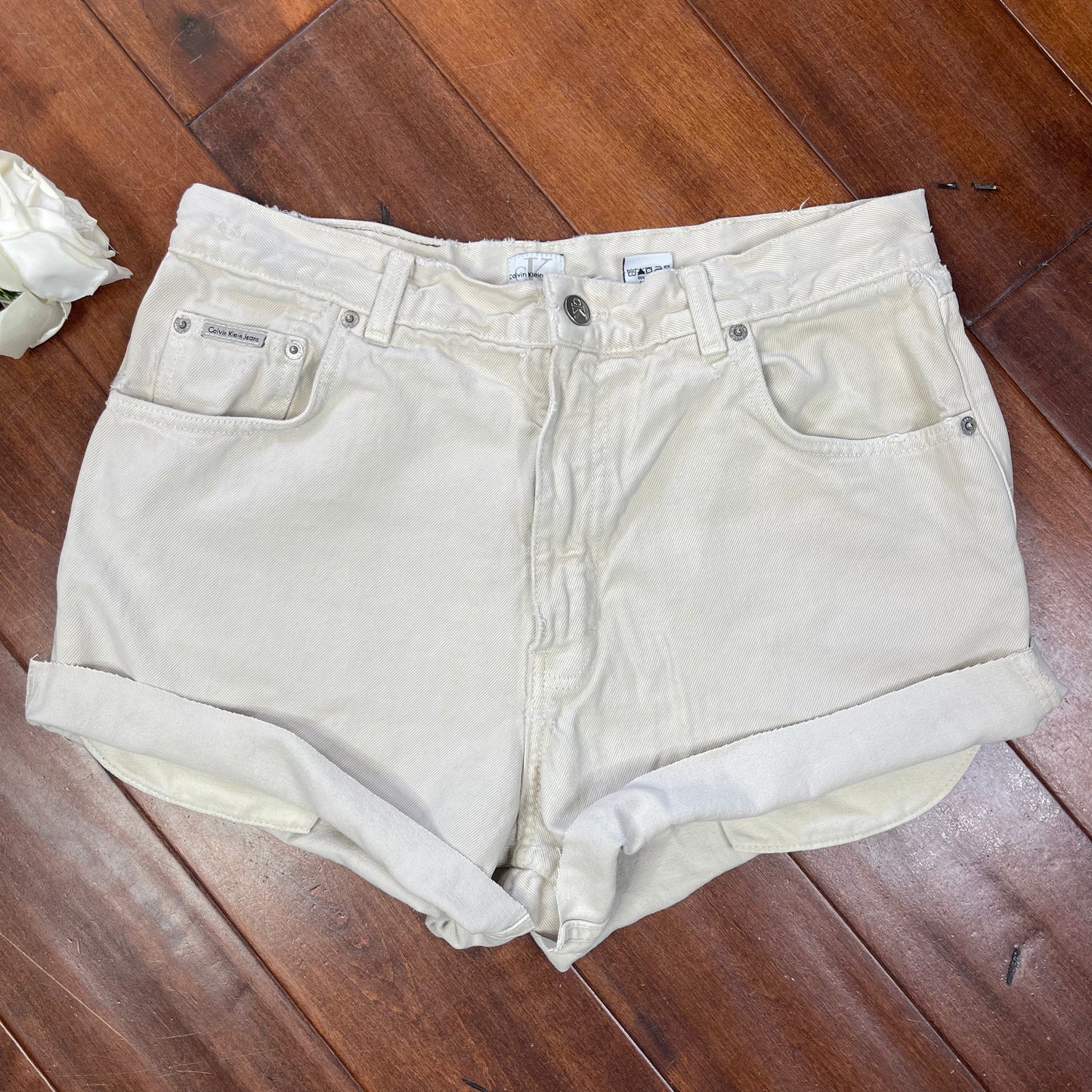 THRIFTED CALVIN KLEIN BEIGE CUT-UP JEAN SHORTS