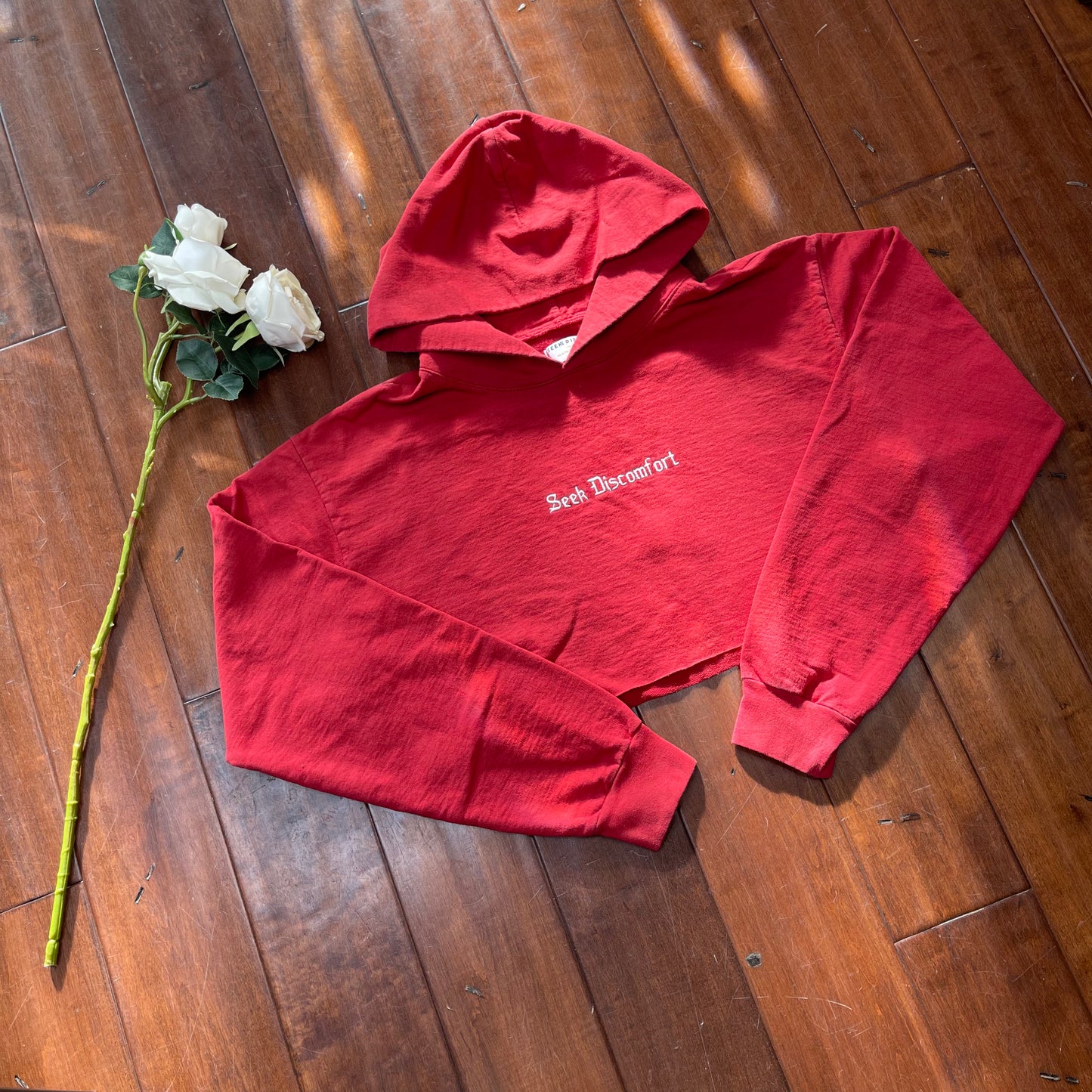 THRIFTED “SEEK DISCOMFORT” CROPPED SWEATER