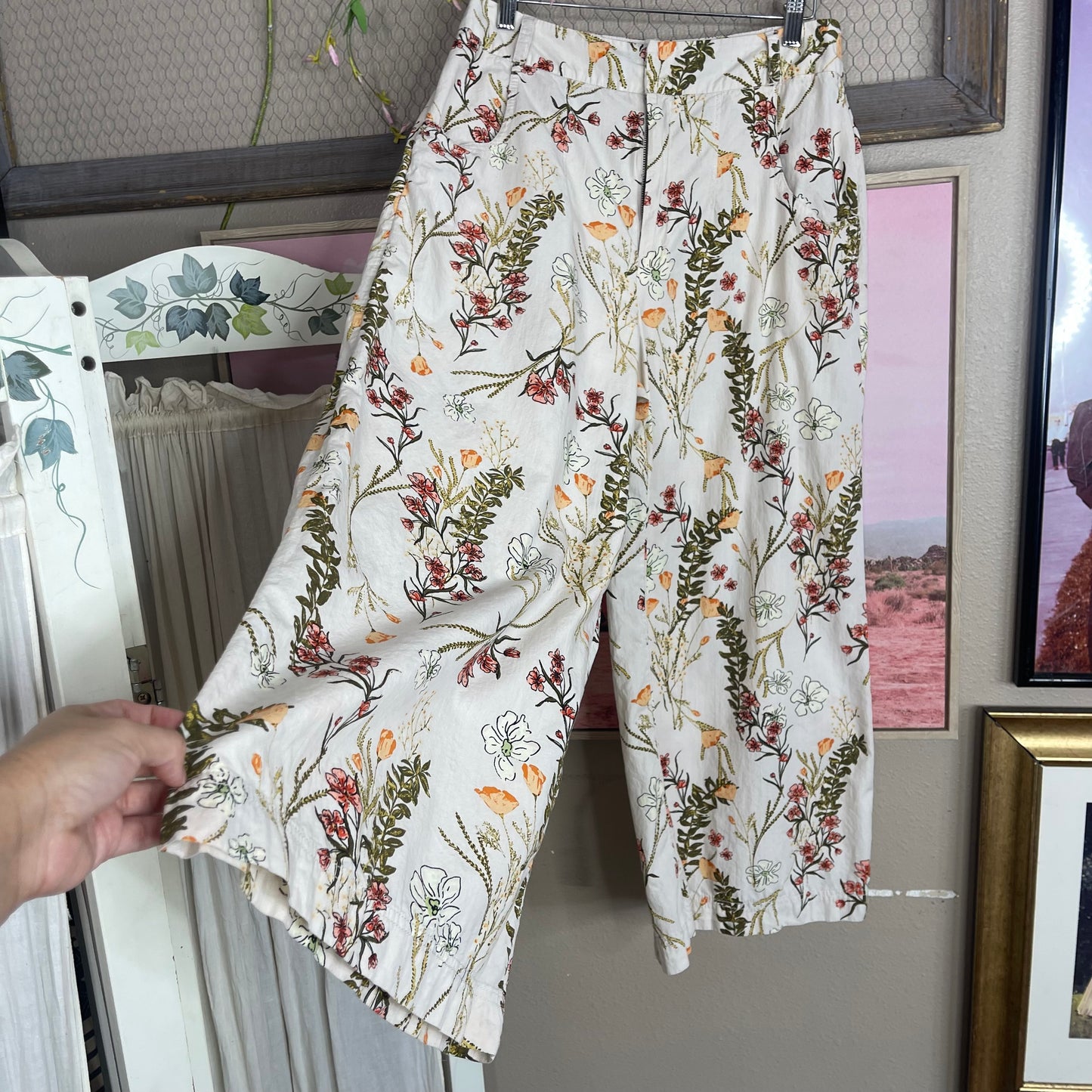 THRIFTED FREE PEOPLE MENOCRA FLORAL WIDE LEG COTTON TROUSERS