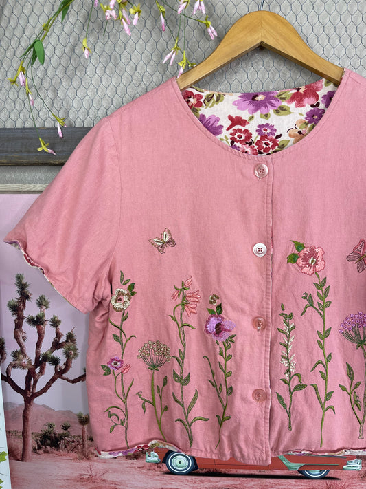 VINTAGE WHIMSY DOUBLE-SIDED FLORAL EMBROIDERED BUTTON-UP TOP