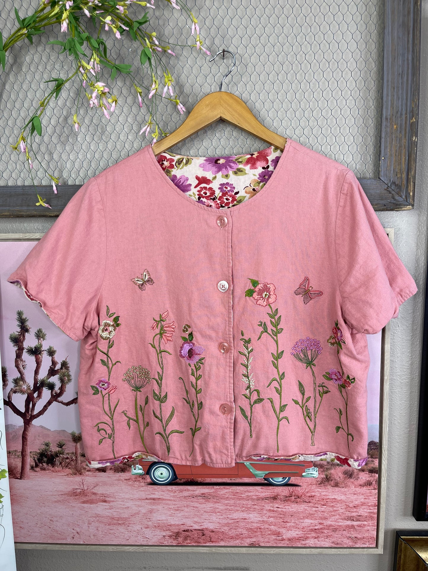 VINTAGE WHIMSY DOUBLE-SIDED FLORAL EMBROIDERED BUTTON-UP TOP