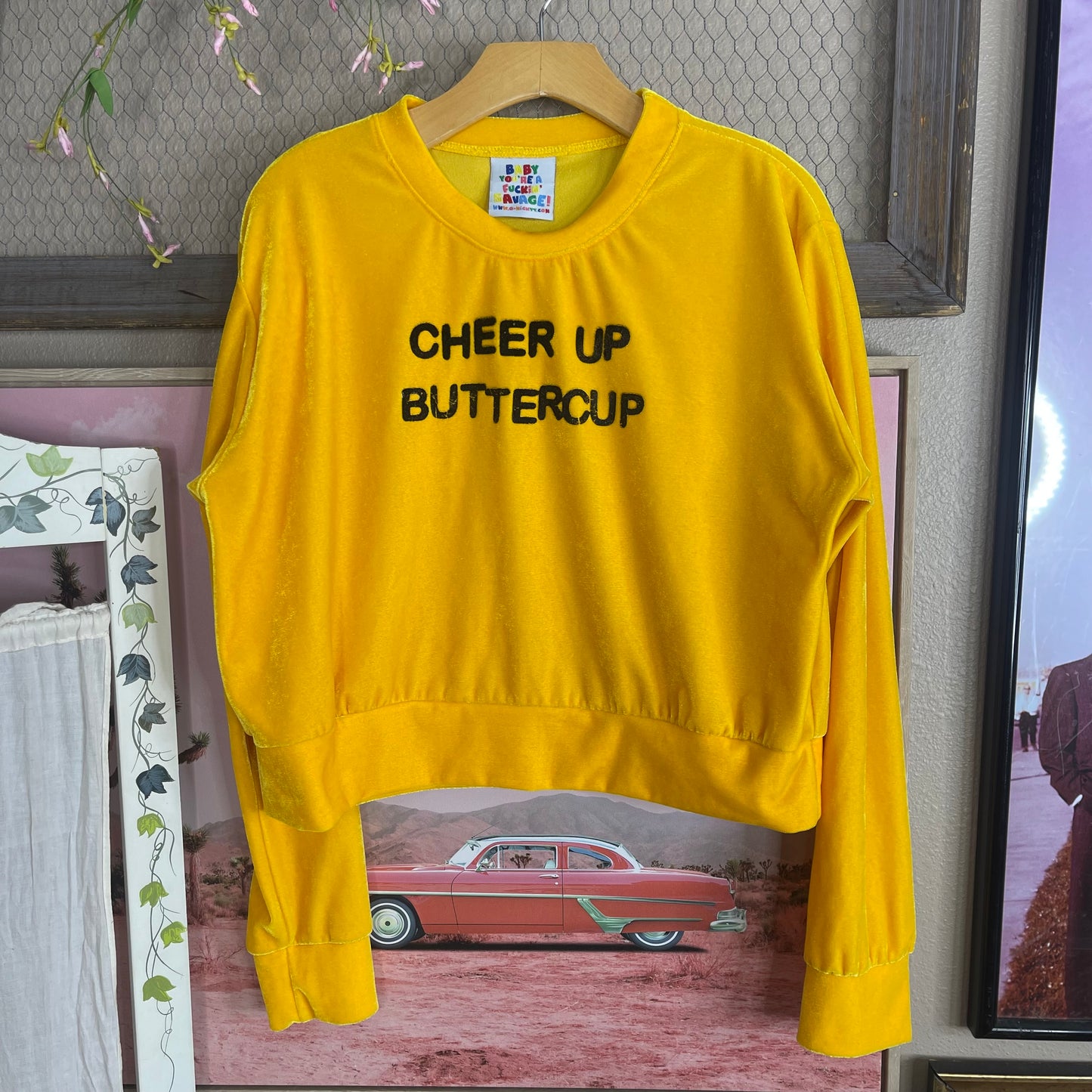 THRIFTED “CHEER UP BUTTERCUP” OMIGHTY LIGHT CREWNECK