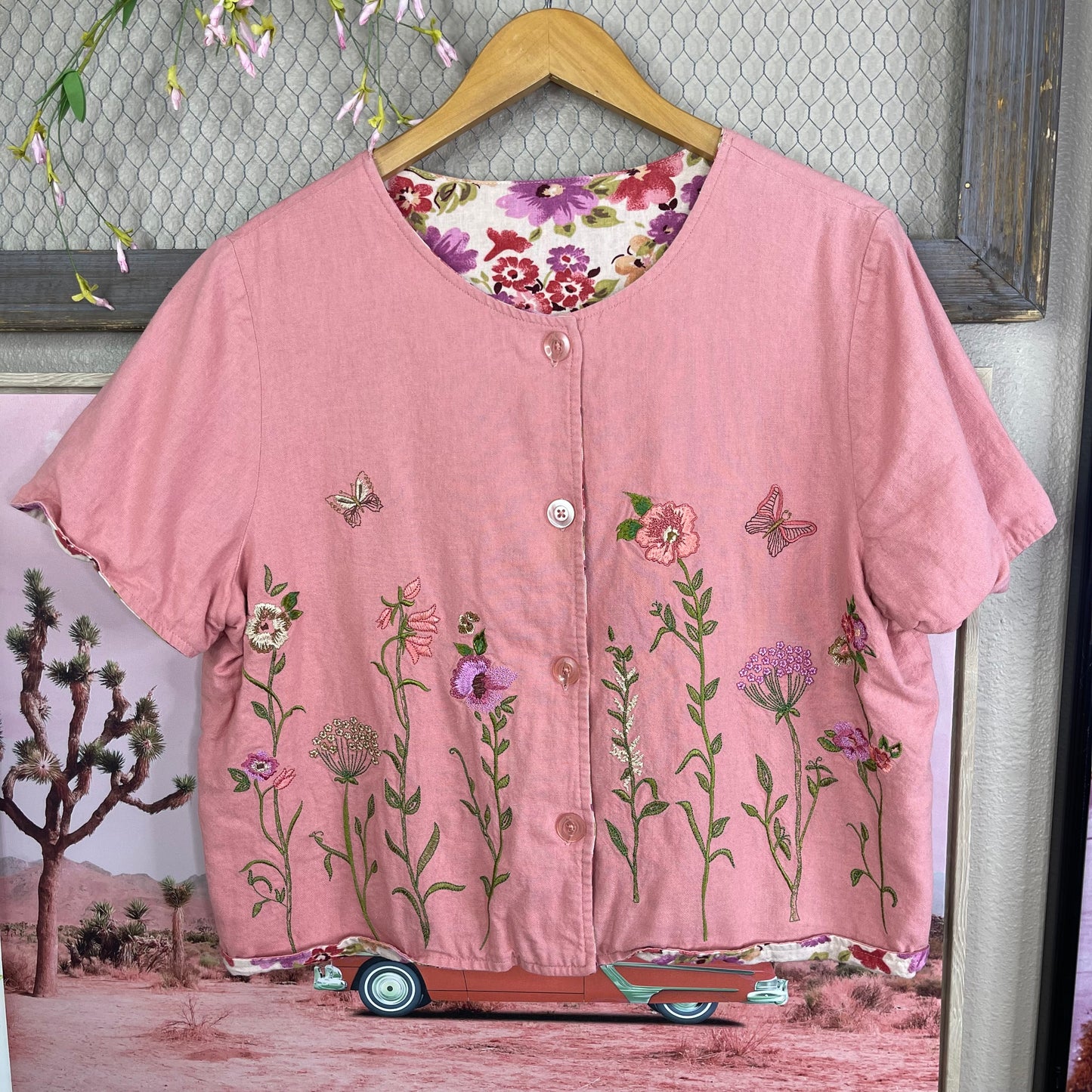 VINTAGE WHIMSY DOUBLE-SIDED FLORAL EMBROIDERED BUTTON-UP TOP