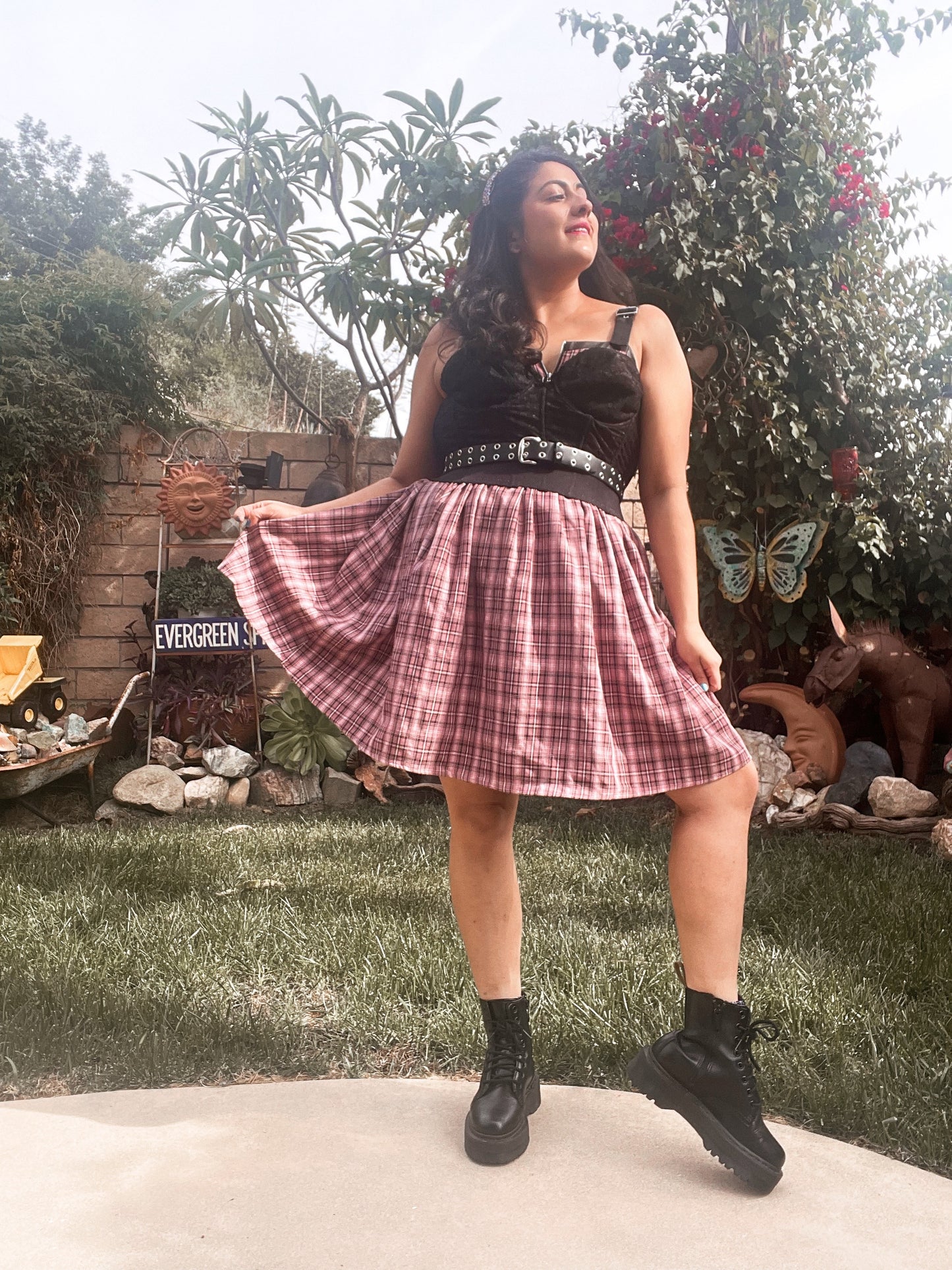 THRIFTED OVERALL BUCKLE PLAID DRESS