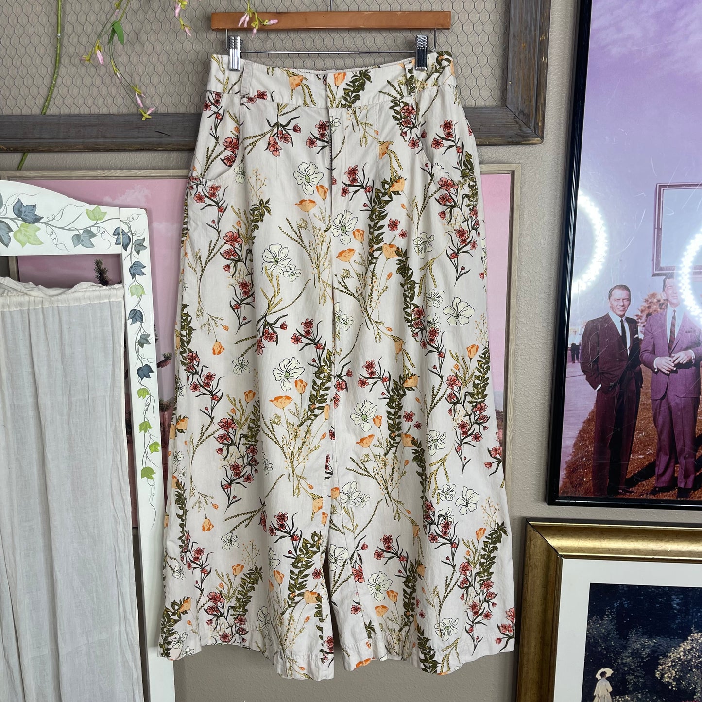 THRIFTED FREE PEOPLE MENOCRA FLORAL WIDE LEG COTTON TROUSERS