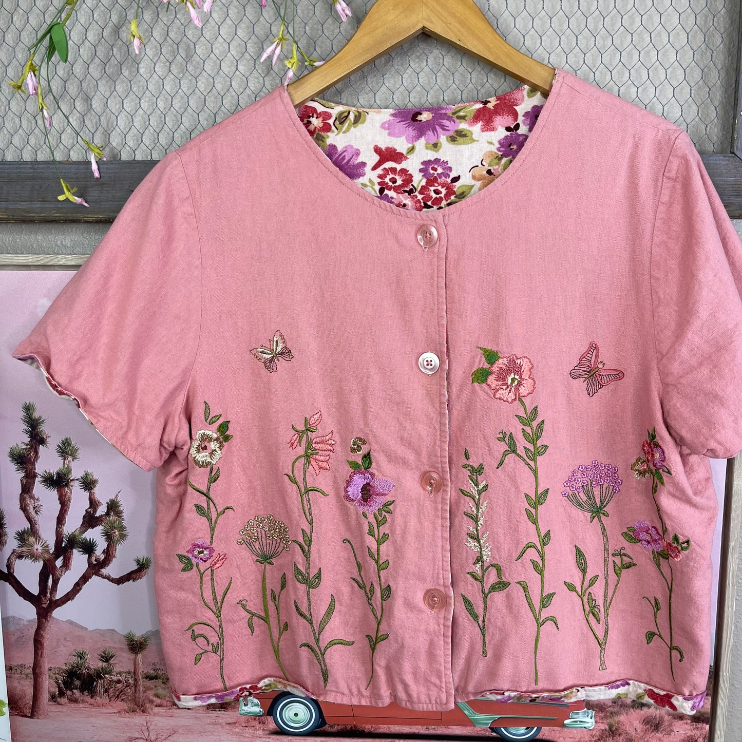 VINTAGE WHIMSY DOUBLE-SIDED FLORAL EMBROIDERED BUTTON-UP TOP