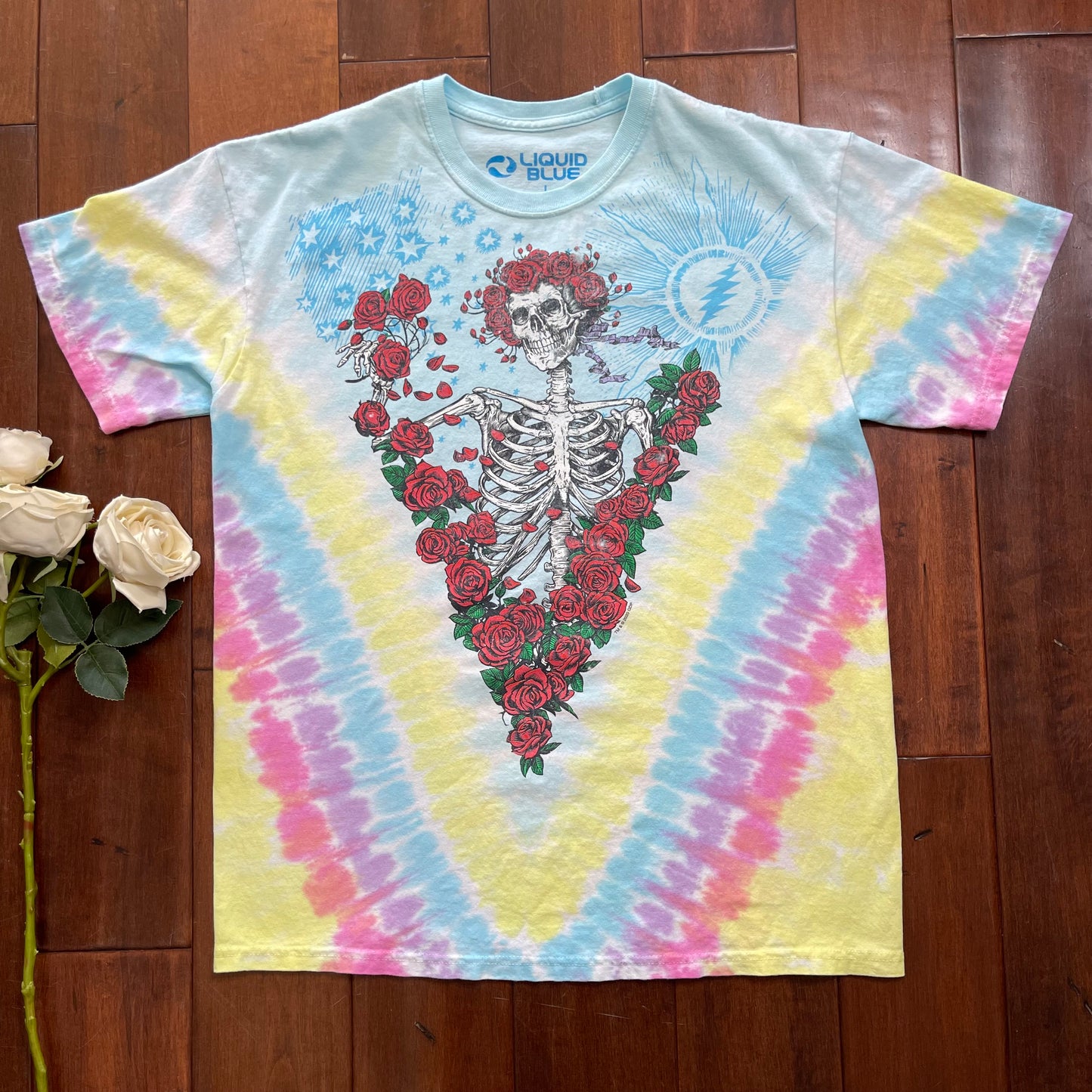 Thrifted Liquid Blue Grateful Dead "Rose Garden" Tie-Die T-Shirt