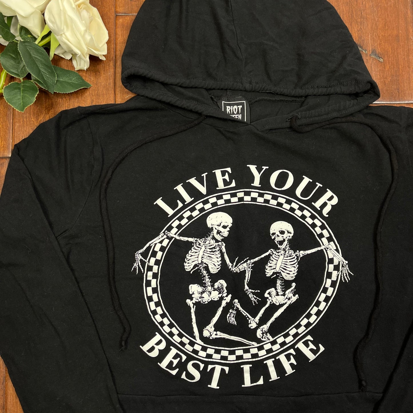 THRIFTED “LIVE YOUR BEST LIFE” CROPPED HOODIE