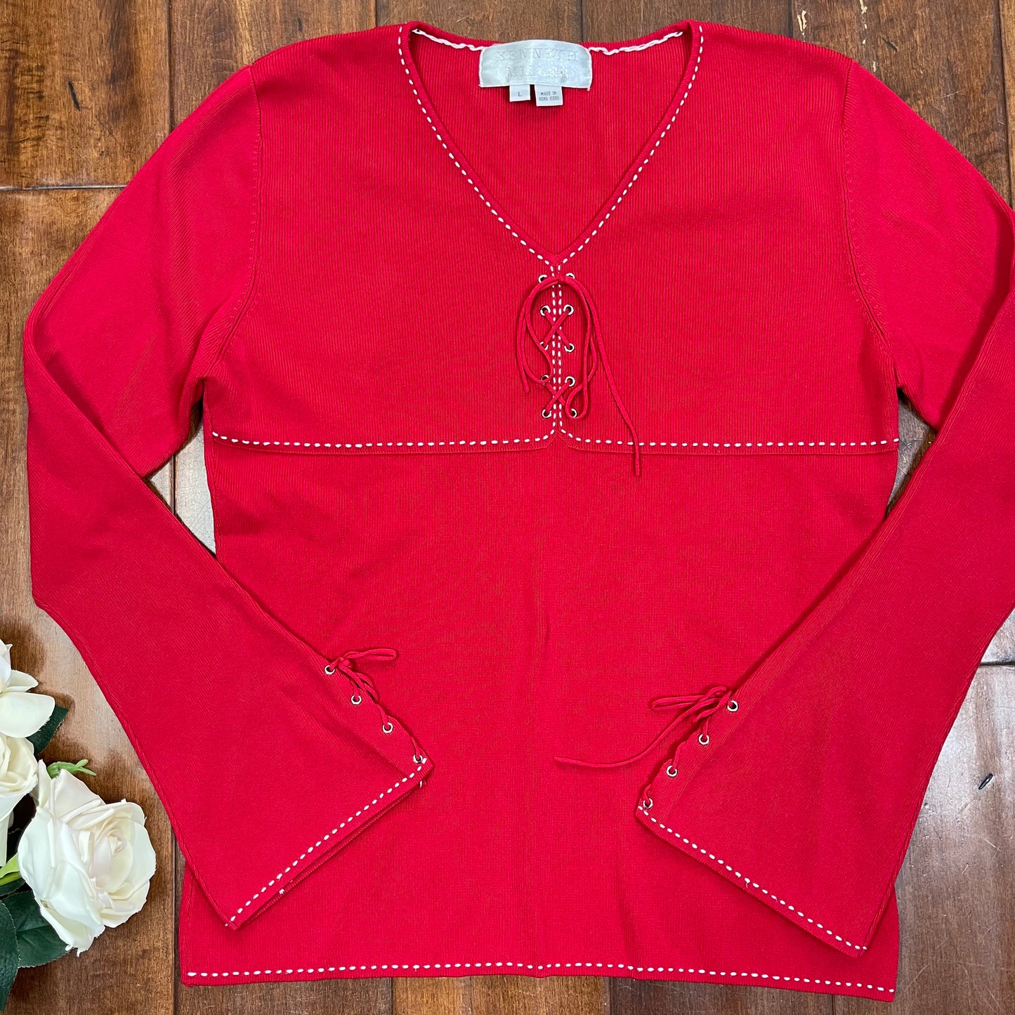 VINTAGE LACE UP BELL SLEEVE BLOUSE