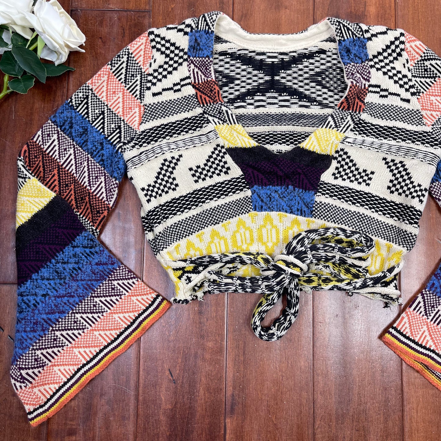 THRIFTED FREE PEOPLE PATCHWORK BELL SLEEVE SWEATER