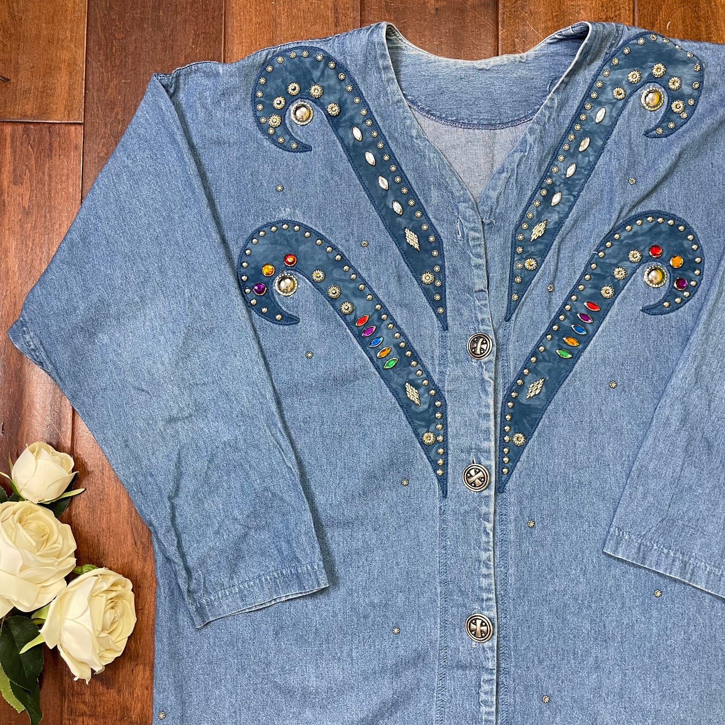 VINTAGE 80’S DENIM RHINESTONE BUTTON-UP