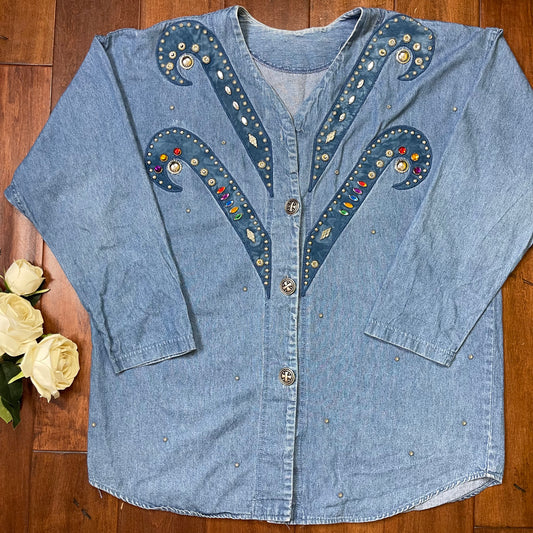 VINTAGE 80’S DENIM RHINESTONE BUTTON-UP