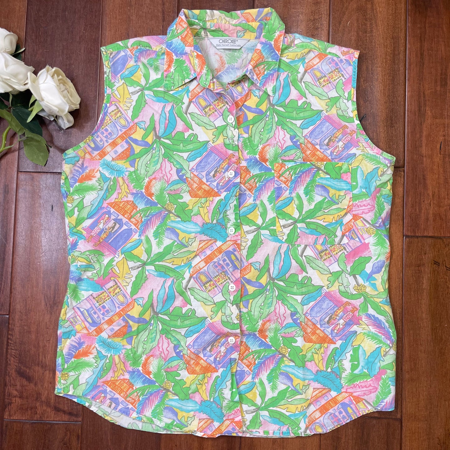 VINTAGE TROPICAL VACATION CHEROKEE BUTTON-UP SHORT-SLEEVE SHIRT