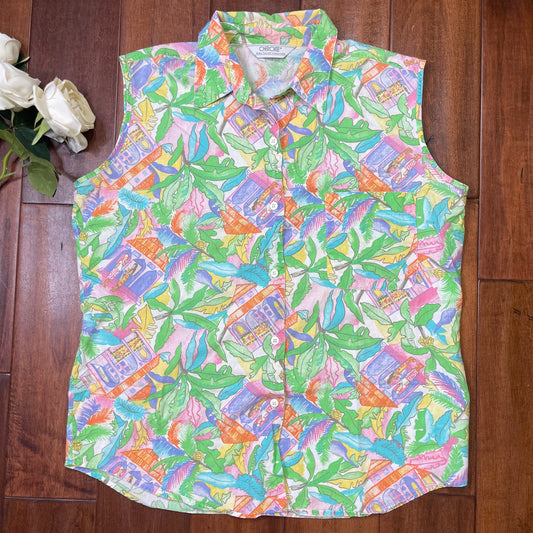 VINTAGE TROPICAL VACATION CHEROKEE BUTTON-UP SHORT-SLEEVE SHIRT