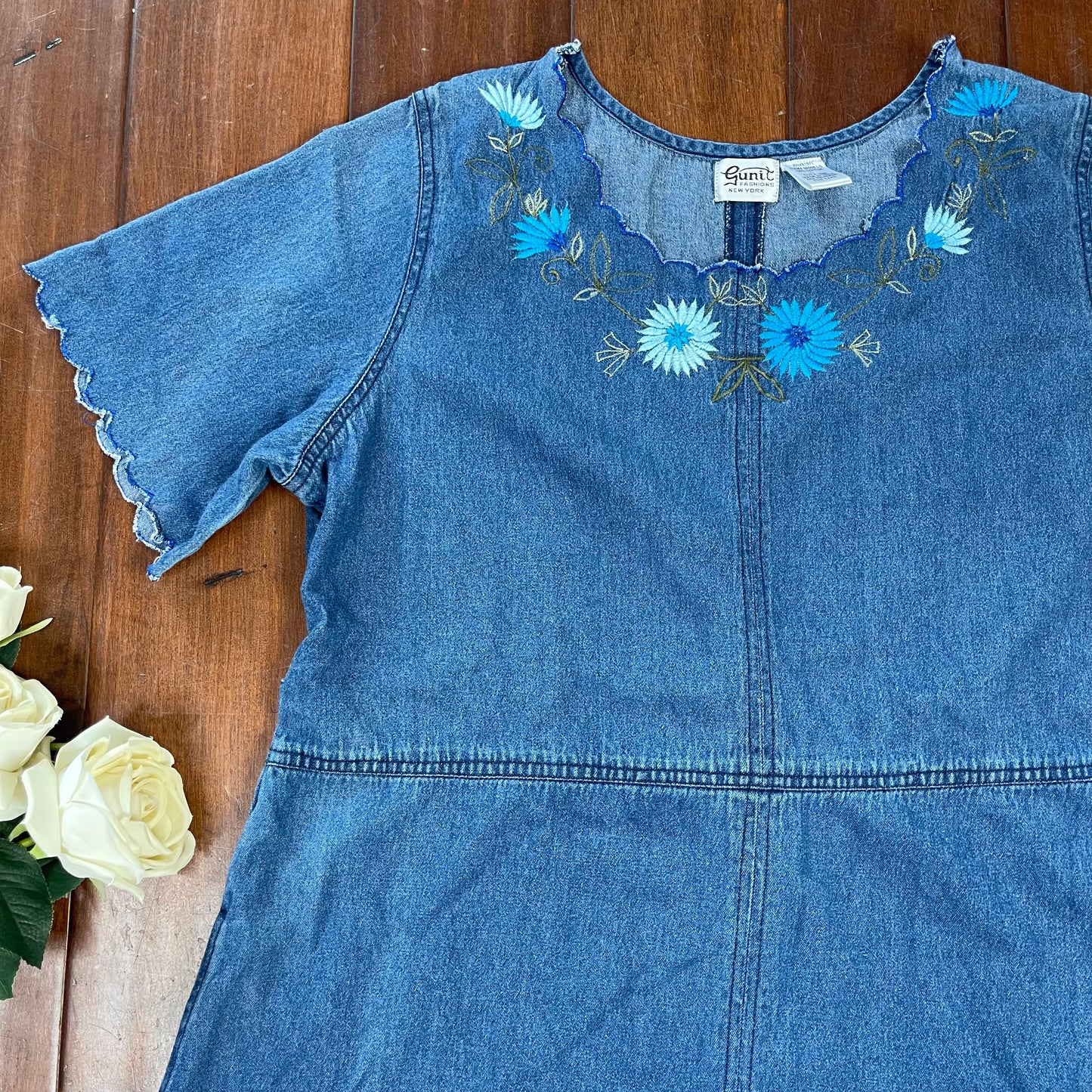 VINTAGE JEAN FLORAL EMBROIDERED DRESS