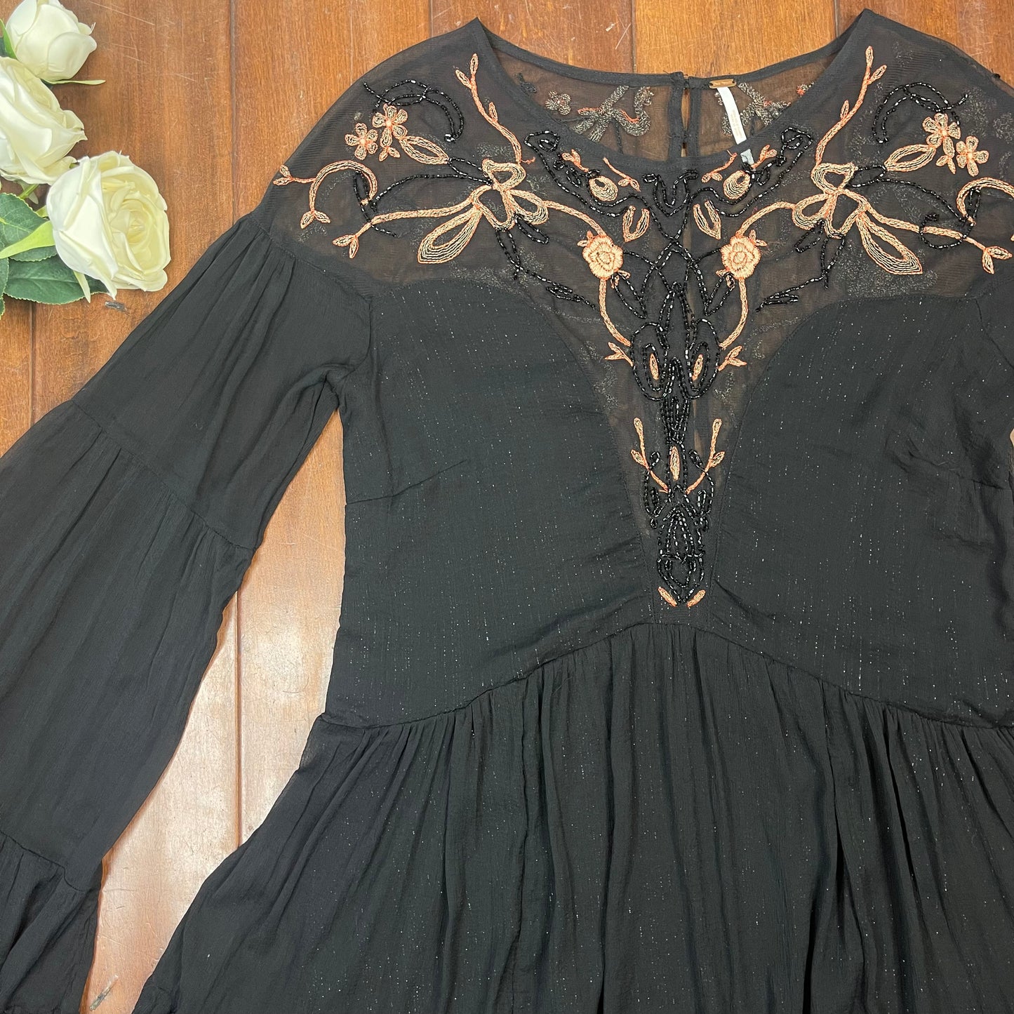 THRIFTED FREE PEOPLE GLITTER SHEER EMBROIDERED DRESS
