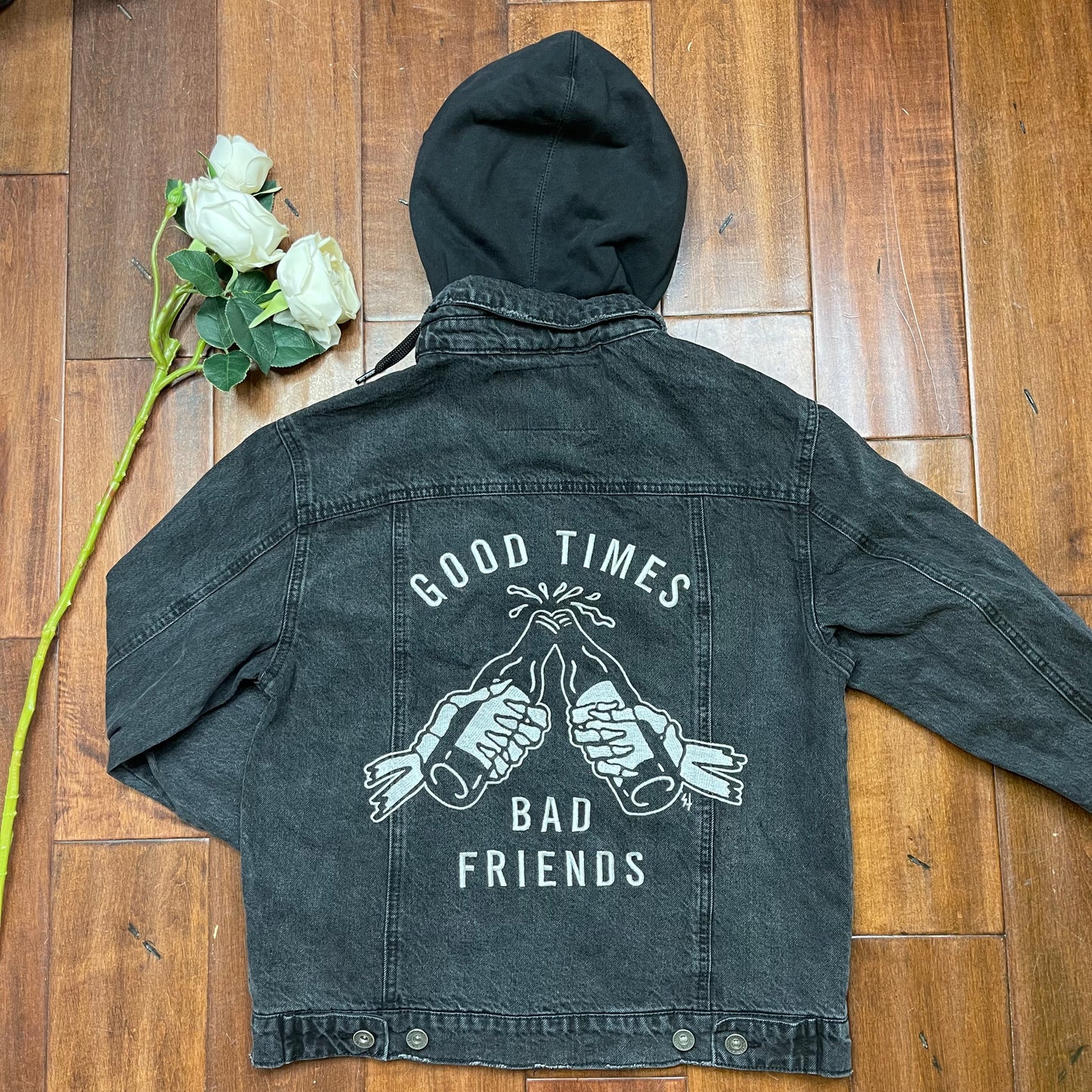 THRIFTED “GOOD TIMES BAD FRIENDS” HOODIE JEAN JACKET