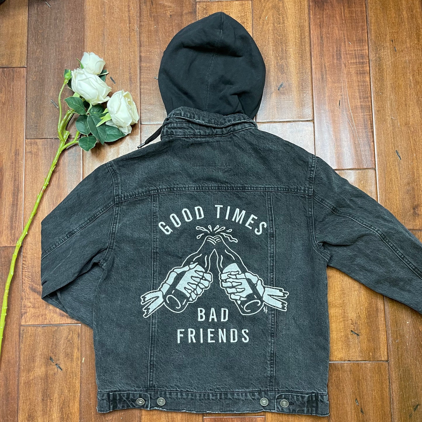 THRIFTED GOOD TIMES BAD FRIENDS HOODIE JEAN JACKET