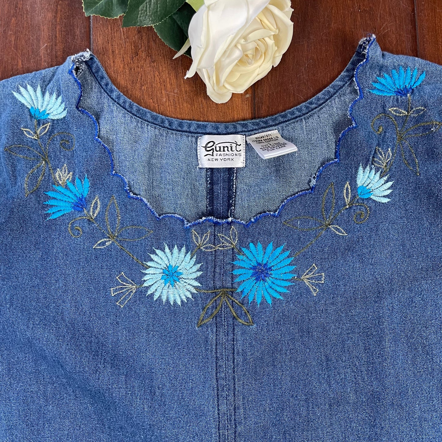 VINTAGE JEAN FLORAL EMBROIDERED DRESS